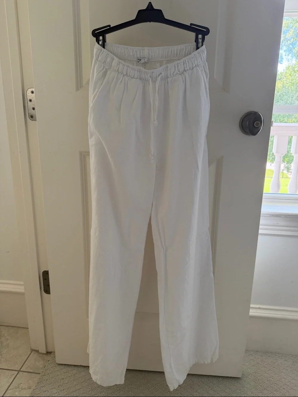 White Womens Linen-Blend Drawstring Pants